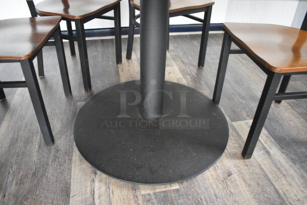 Wood Pattern Round Table on Black Metal Table Base. Stock Picture - Cosmetic Condition May Vary. 53.5x53.5x30 - Image 3 of 4