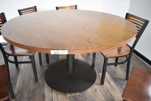Wood Pattern Round Table on Black Metal Table Base. Stock Picture - Cosmetic Condition May Vary. 53.5x53.5x30 - Image 4 of 4