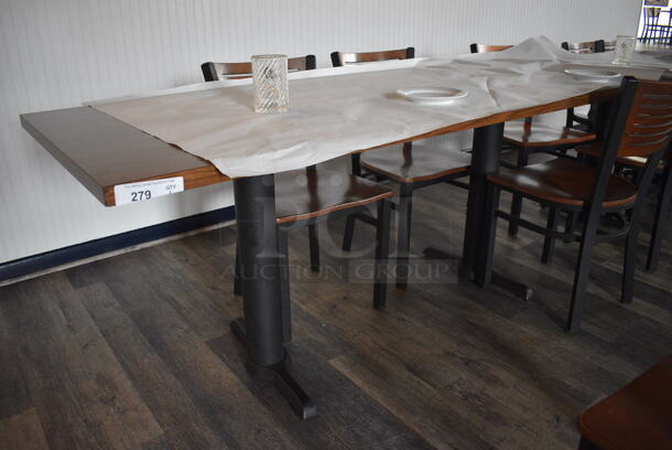 Wood Pattern Table on 2 Black Metal Table Bases. Stock Picture - Cosmetic Condition May Vary. 72x30x30 - Image 1 of 3