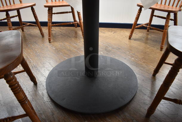 Wood Pattern Round Table on Black Metal Table Base. Stock Picture - Cosmetic Condition May Vary. 53.5x53.5x30 - Image 2 of 3