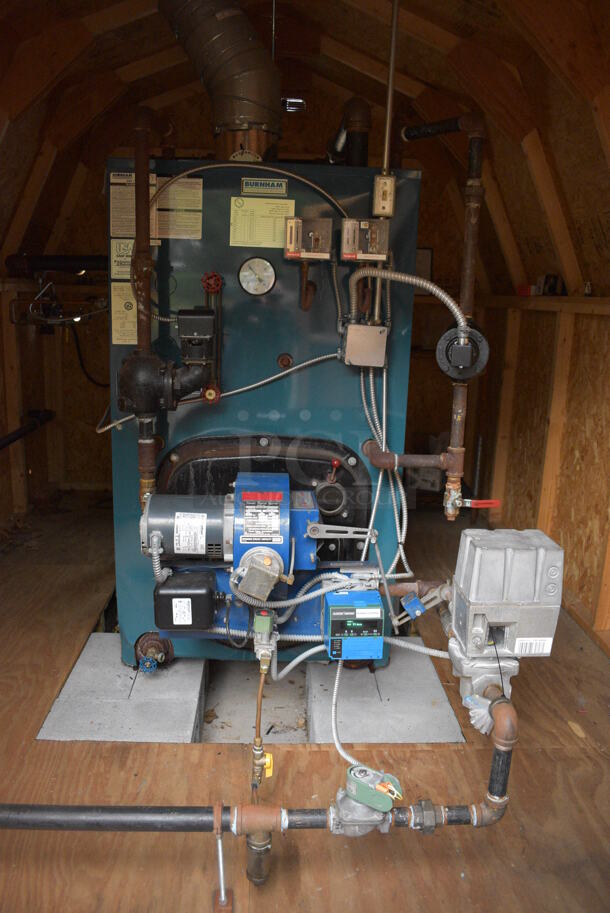 GORGEOUS! Burnham Model V906A Metal Commercial Boiler w/ Power Flame Burner. 880,000 BTU. Goest GREAT w/ Item 27! This Unit Will Be Professionally Uninstalled and Put On Rollers To Get Onto a Pallet Jack. Tested and Working! - Image 1 of 11