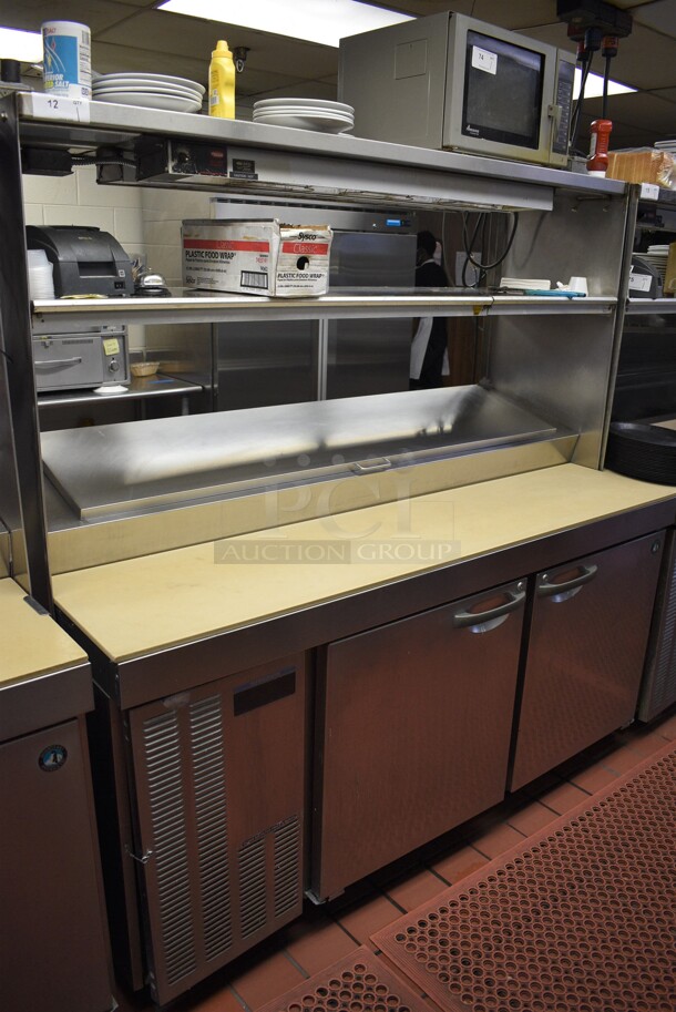 GREAT! 2011 Hoshizaki Model HPR72A Stainless Steel Commercial Prep Table w/ Lid, 2 Doors and Two Tier Overshelf on Commercial Casters. Does Not Come w/ Contents. 115 Volts, 1 Phase. 72x33x73. Tested and Working!