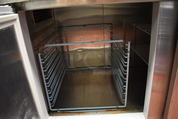 GREAT! 2011 Hoshizaki Model HPR72A Stainless Steel Commercial Prep Table w/ Lid, 2 Doors and Two Tier Overshelf on Commercial Casters. Does Not Come w/ Contents. 115 Volts, 1 Phase. 72x33x73. Tested and Working! - Image 6 of 8
