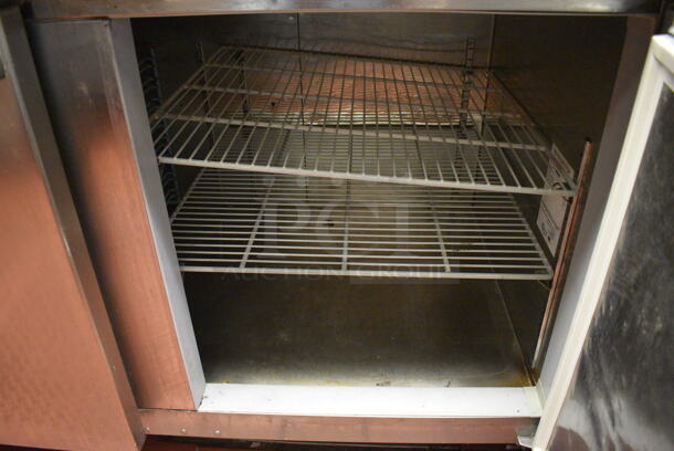 GREAT! 2011 Hoshizaki Model HPR72A Stainless Steel Commercial Prep Table w/ Lid, 2 Doors and Two Tier Overshelf on Commercial Casters. Does Not Come w/ Contents. 115 Volts, 1 Phase. 72x33x73. Tested and Working! - Image 7 of 8