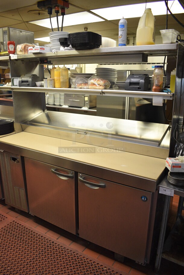 GREAT! 2011 Hoshizaki Model HPR72A Stainless Steel Commercial Prep Table w/ Lid, 2 Doors and Two Tier Overshelf. Does Not Come w/ Contents. 115 Volts, 1 Phase. 72x33x73. Tested and Working! - Image 1 of 8