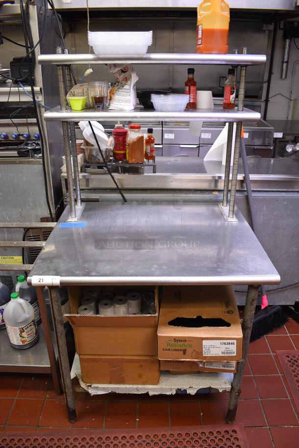 Stainless Steel Commercial Table w/ 2 Tier Overshelf and Metal Undershelf. Does Not Include Contents. 36x30x65