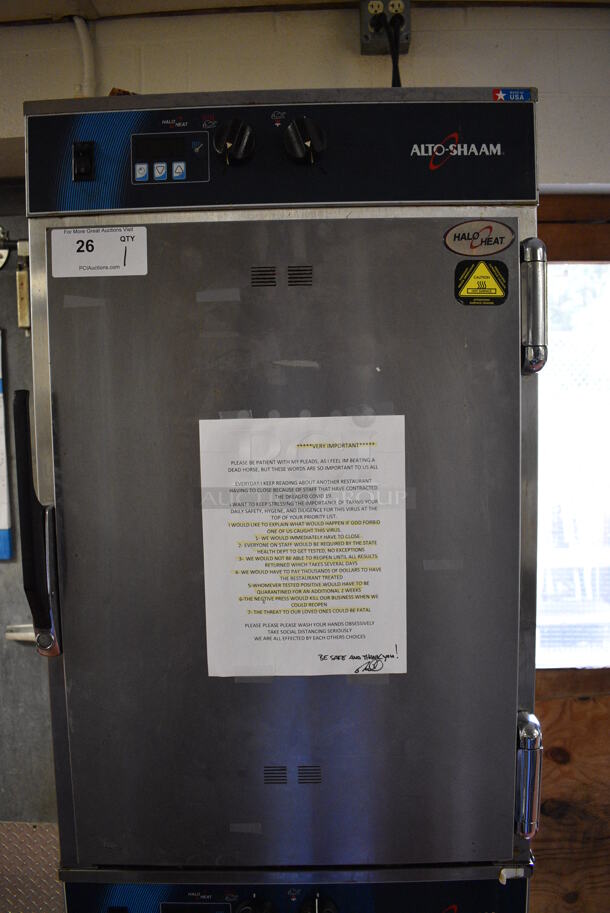 FANTASTIC! 2011 Alto Shaam Model 1000-TH/II Stainless Steel Commercial 2 Half Size Door Halo Heat Warming Cabinet on Commercial Casters. 120 Volts, 1 Phase. 22.5x30.5x77. Tested and Working! - Image 2 of 8