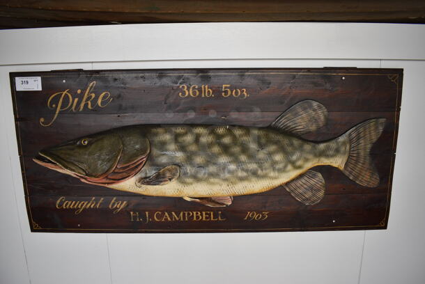 Wall Mount Wooden Pike Fish Sign. BUYER MUST REMOVE. 58x8x26