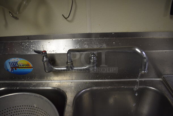 Stainless Steel Commercial 2 Well Sink w/ Right Side Drainboard, Faucet and Handles. This Unit Will Be Professionally Uninstalled. 57x28x44. Bays 12x20x14. Drainboard 16x23x2 - Image 3 of 4