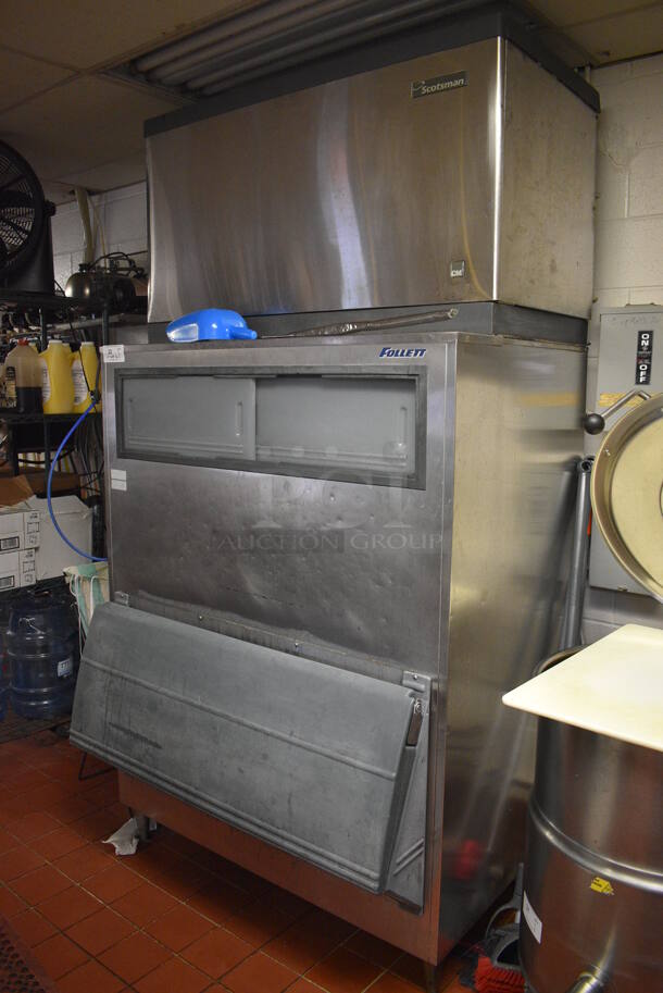 ALL ONE MONEY! Lot of Scotsman Stainless Steel Commercial Ice Machine Head on Follett Stainless Steel Commercial Ice Bin and Remote Condenser. This Unit Will Be Professionally Uninstalled. 48x39x93. Tested and Working! - Image 1 of 6