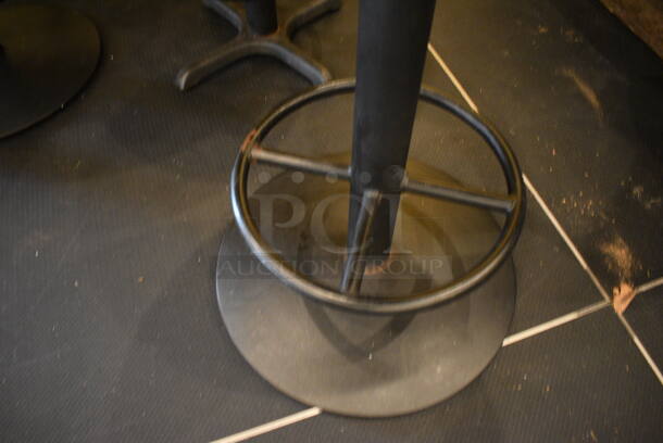 Round Wood Pattern Bar Height Table on Black Metal Table Base w/ Footrest. Stock Picture - Cosmetic Condition May Vary. 30x30x42 - Image 3 of 3