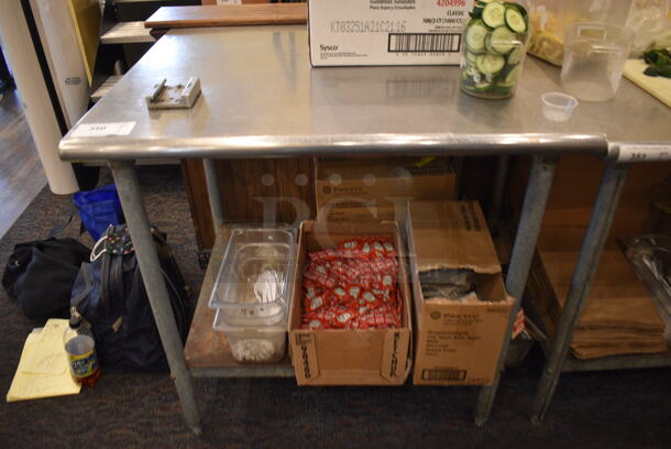 Stainless Steel Commercial Table w/ Metal Undershelf and Vegetable Slicer Mount. Does Not Include Contents. 36x30x34