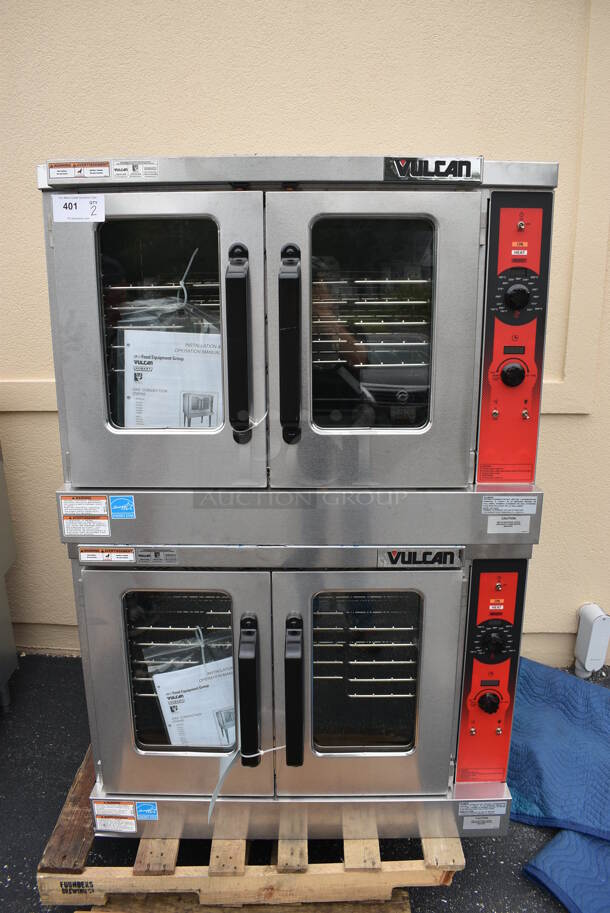 2 GORGEOUS! BRAND NEW SCRATCH AND DENT! Vulcan Model VC5GD-11D1 ENERGY STAR Stainless Steel Commercial Gas Powered Full Size Convection Oven w/ View Through Doors, Metal Oven Racks and Thermostatic Controls. Comes w/ Stack Kit and Legs! 40x32x61. 2 Times Your Bid!