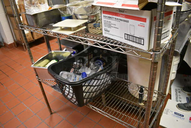 Chrome Finish 3 Tier Shelving Unit. Does Not Include Contents. 42x14x75. BUYER MUST DISMANTLE. PCI CANNOT  DISMANTLE FOR SHIPPING. PLEASE CONSIDER FREIGHT CHARGES.
 - Image 3 of 3
