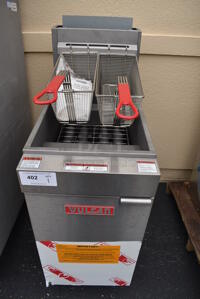 BRAND NEW! SWEET! Vulcan Model LG400-2 Stainless Steel Commercial Propane Gas Powered Deep Fat Fryer w/ 2 Metal Fry Baskets. 120,000 BTU. 15.5x30x47