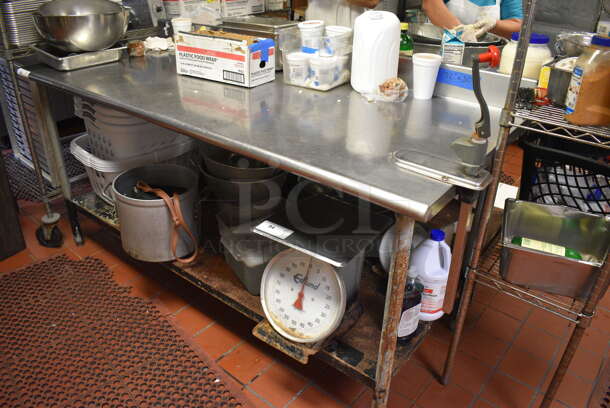 Stainless Steel Commercial Table w/ Commercial Can Opener, Backsplash and Metal Undershelf. Does Not Include Contents. 72x30x40