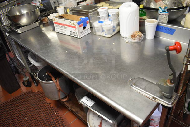 Stainless Steel Commercial Table w/ Commercial Can Opener, Backsplash and Metal Undershelf. Does Not Include Contents. 72x30x40 - Image 3 of 3