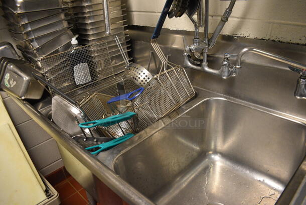 Stainless Steel Commercial 3 Bay Sink w/ Dual Drainboards, Faucet, Handles and Spray Nozzle Attachment. Does Not Include Contents. This Unit Will Be Professionally Uninstalled. 98x30x46. Bays 18x24x14. Drainboards 18x20x2 - Image 3 of 5