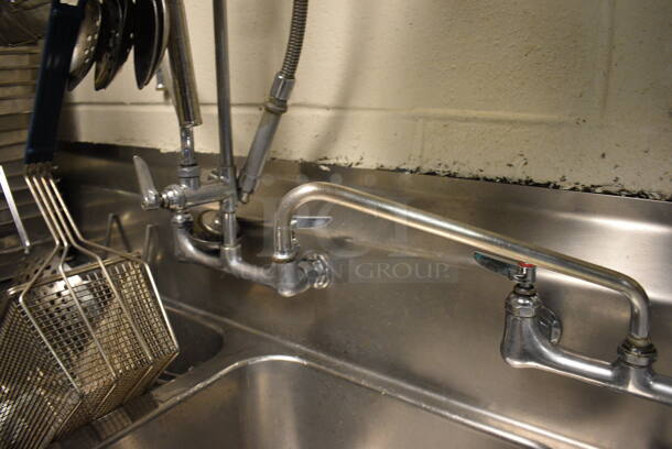 Stainless Steel Commercial 3 Bay Sink w/ Dual Drainboards, Faucet, Handles and Spray Nozzle Attachment. Does Not Include Contents. This Unit Will Be Professionally Uninstalled. 98x30x46. Bays 18x24x14. Drainboards 18x20x2 - Image 4 of 5