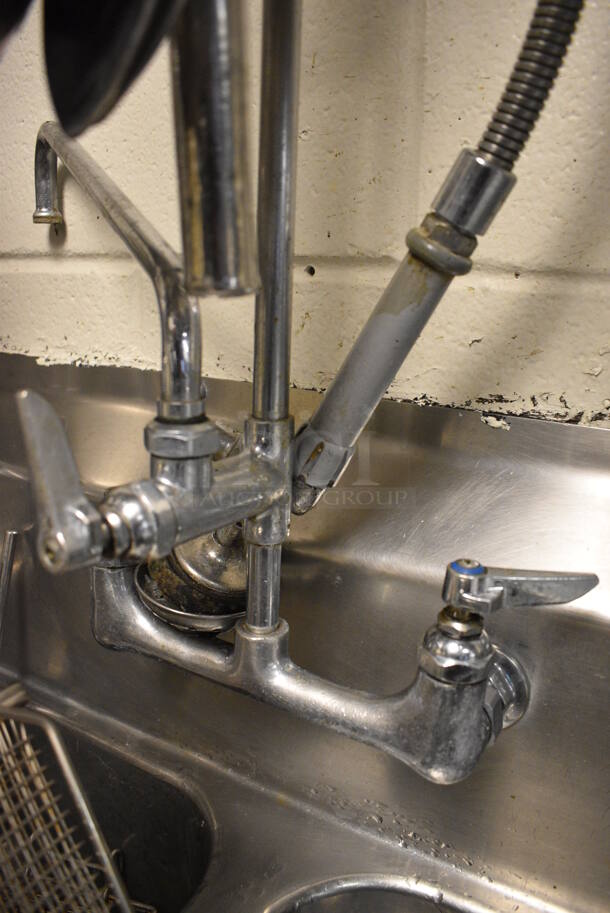 Stainless Steel Commercial 3 Bay Sink w/ Dual Drainboards, Faucet, Handles and Spray Nozzle Attachment. Does Not Include Contents. This Unit Will Be Professionally Uninstalled. 98x30x46. Bays 18x24x14. Drainboards 18x20x2 - Image 5 of 5