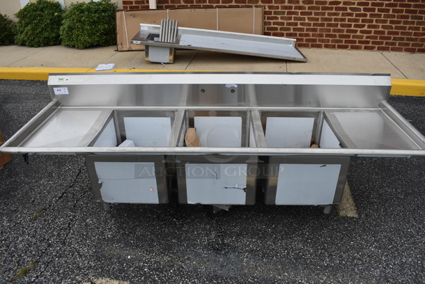 BRAND NEW! Stainless Steel Commercial 3 Bay Sink w/ Dual Drainboards. Comes w/ Faucet, Stainless Steel Legs and Leg Braces. 94x30x41. Bays 18x24x14. Drainboards 17x26x2.