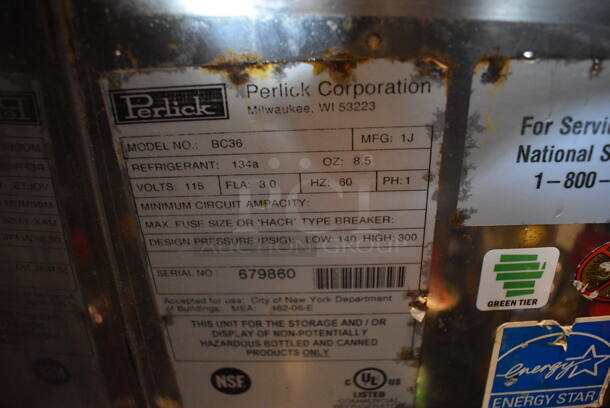 SWEET! Perlick Model BC36 Stainless Steel Commercial Back Bar Bottle Cooler w/ Sliding Lid and Speedwell on Commercial Casters. Does Not Include Contents. 115 Volts, 1 Phase. 36x30x34. Tested and Working!
 - Image 5 of 5