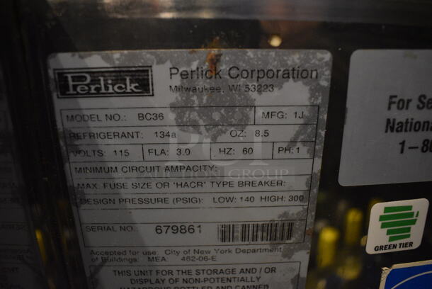 SWEET! Perlick Model BC36 Stainless Steel Commercial Back Bar Bottle Cooler w/ Sliding Lid. Does Not Include Contents. 115 Volts, 1 Phase. 36x30x34. Tested and Working!
 - Image 6 of 6