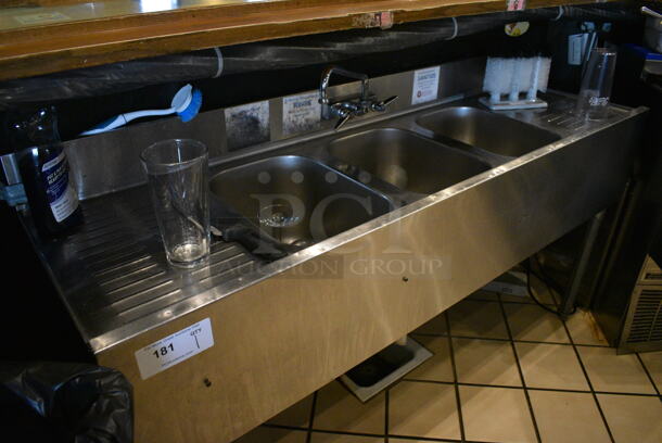 Stainless Steel Commercial 3 Bay Sink w/ Dual Drainboards, Faucet and Handles. This Unit Will Be Professionally Uninstalled. 60x19x34 - Image 2 of 5