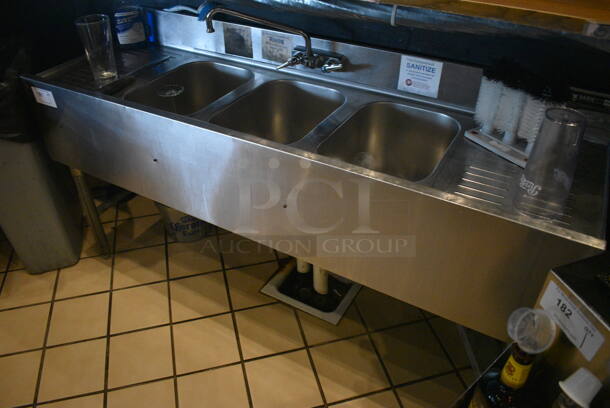 Stainless Steel Commercial 3 Bay Sink w/ Dual Drainboards, Faucet and Handles. This Unit Will Be Professionally Uninstalled. 60x19x34 - Image 5 of 5