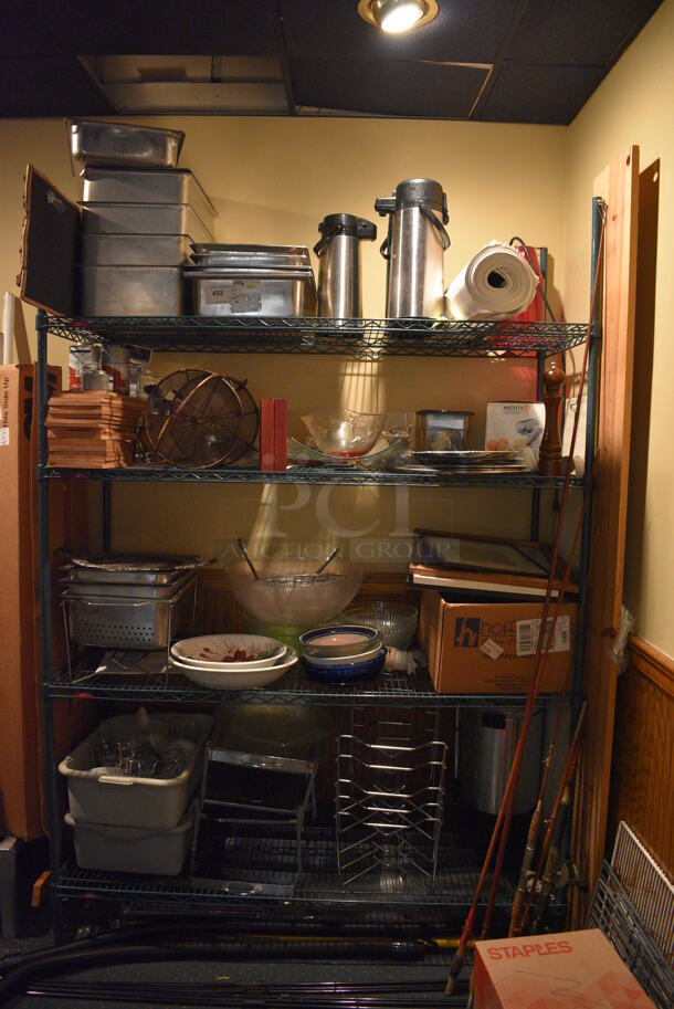 ALL ONE MONEY! Lot of 4 Shelves Worth of Various Items Including Air Pots and Chafing Dish Frames! Does Not Include Metro Shelving Unit.
