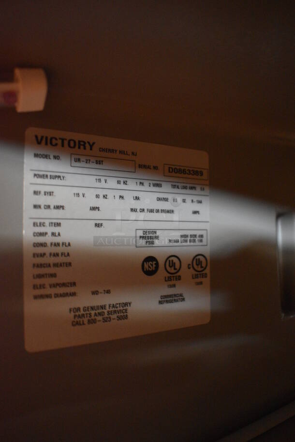 NICE! 2008 Victory Model UR-27-SST Stainless Steel Commercial Single Door Undercounter Cooler on Commercial Casters. Does Not Include Contents. 115 Volts, 1 Phase. 27x30x34. Tested and Working! - Image 5 of 5