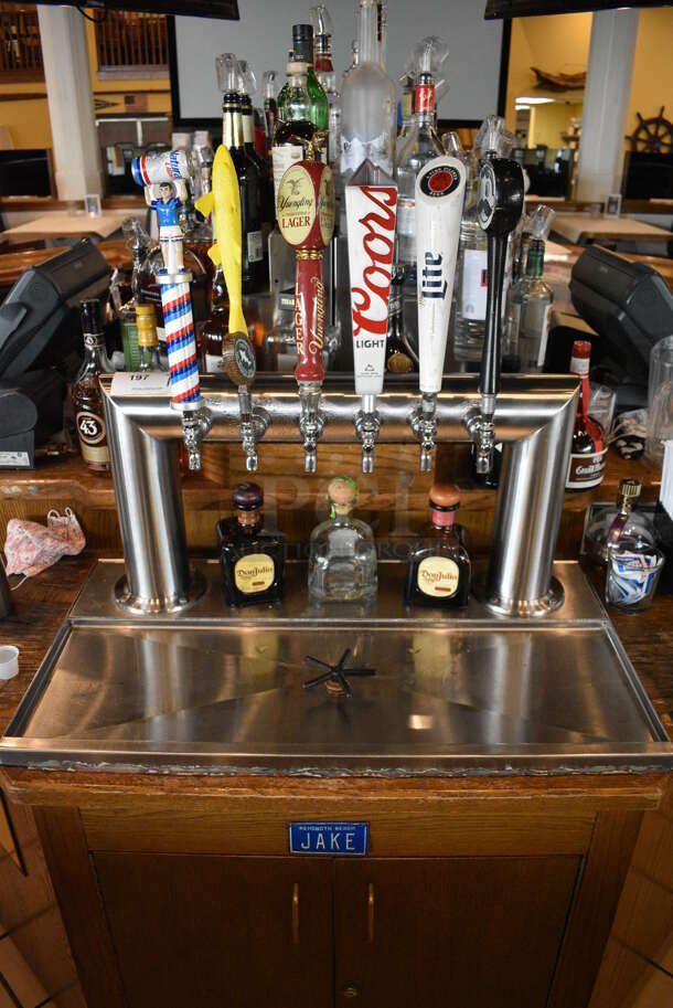 Stainless Steel Commercial 6 Head Beer Tower w/ Tap Handles. This Unit Will Be Professionally Uninstalled. 33x18.5x27