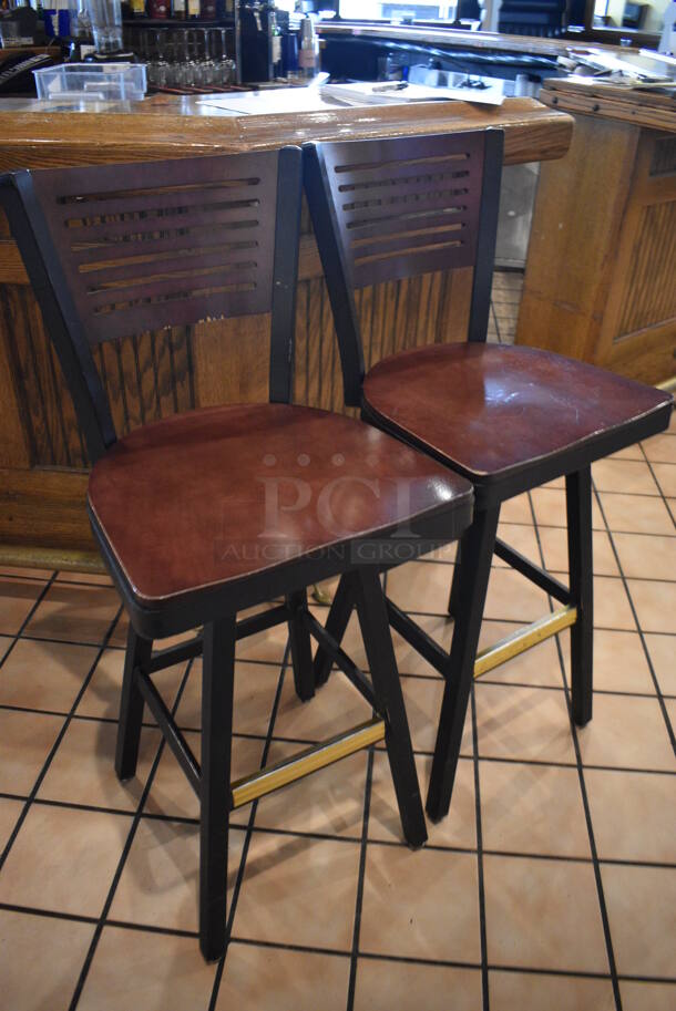 2 Black Metal Bar Height Swivel Chairs w/ Wooden Seats and Wooden Backrest. Stock Picture - Cosmetic Condition May Vary. 18x16x42. 2 Times Your Bid! - Image 2 of 5