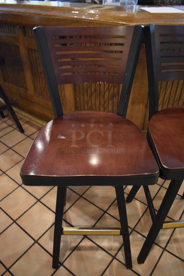2 Black Metal Bar Height Swivel Chairs w/ Wooden Seats and Wooden Backrest. Stock Picture - Cosmetic Condition May Vary. 18x16x42. 2 Times Your Bid! - Image 3 of 5
