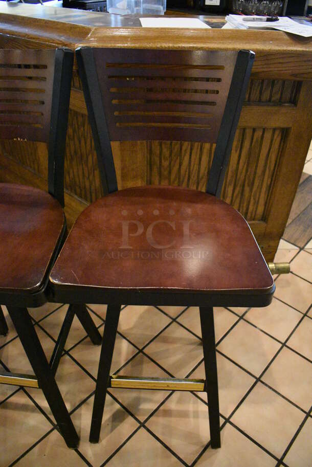 2 Black Metal Bar Height Swivel Chairs w/ Wooden Seats and Wooden Backrest. Stock Picture - Cosmetic Condition May Vary. 18x16x42. 2 Times Your Bid! - Image 4 of 5