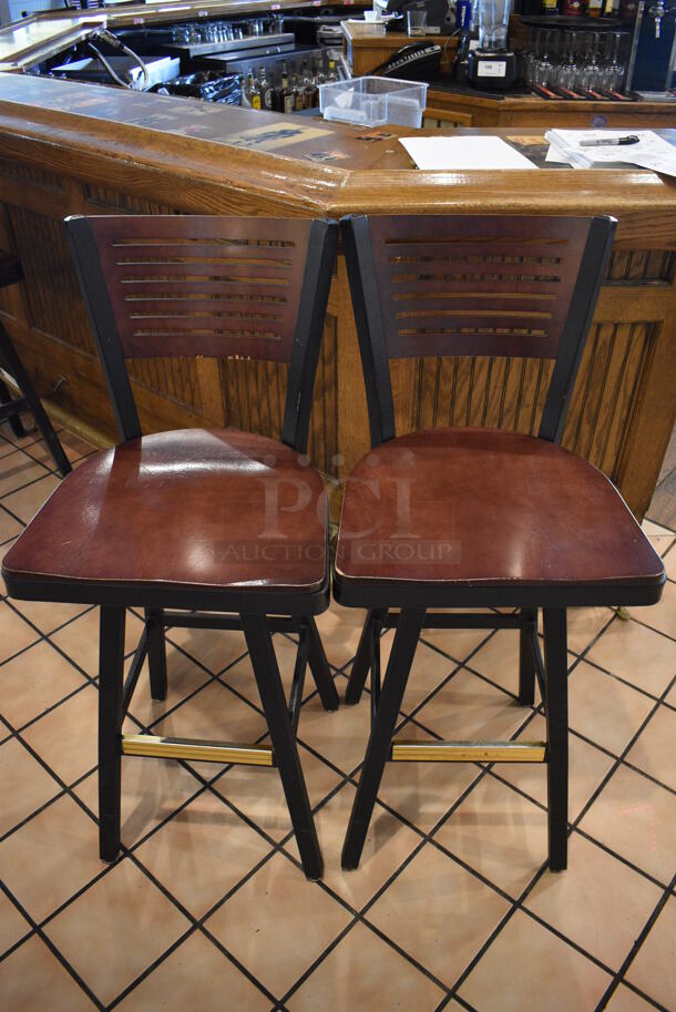 2 Black Metal Bar Height Swivel Chairs w/ Wooden Seats and Wooden Backrest. Stock Picture - Cosmetic Condition May Vary. 18x16x42. 2 Times Your Bid! - Image 5 of 5
