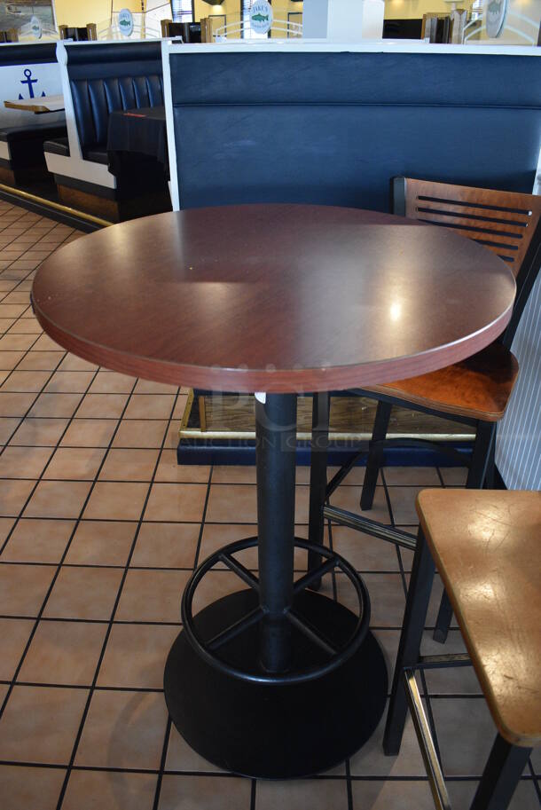 Wood Pattern Round Tabletop on Black Metal Bar Height Table Base w/ Footrest. 30x30x42