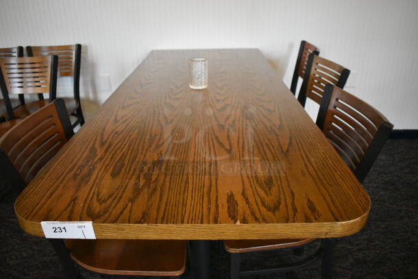 Wood Pattern Table on 2 Black Metal Table Bases. Stock Picture - Cosmetic Condition May Vary. 76x30x30 - Image 3 of 3