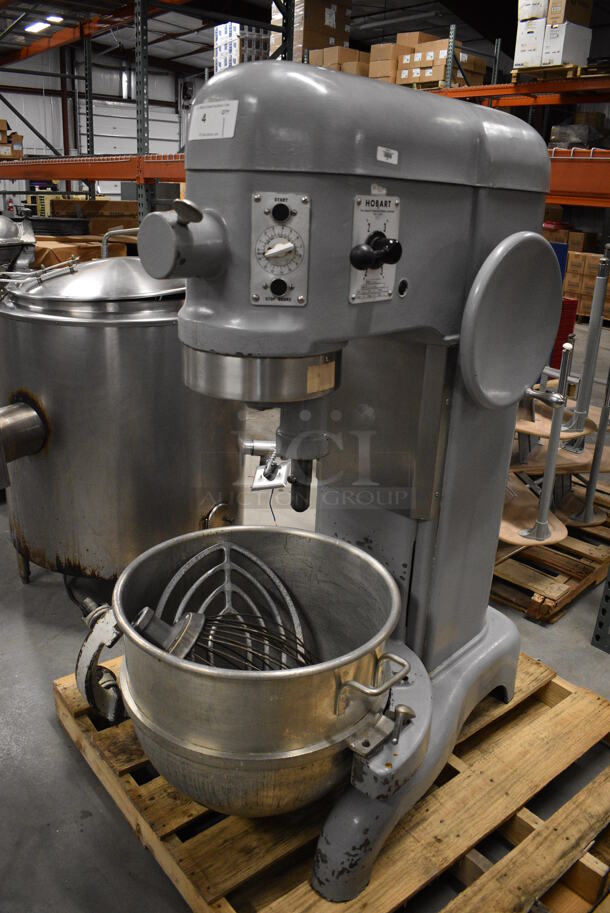 STUNNING! Hobart Model L-800 Metal Commercial Floor Style 80 Quart Planetary Mixer w/ Stainless Steel Mixing Bowl, Mixing Bowl Dolly, Whisk and Paddle Attachments. 208 Volts, 3 Phase. 24x42x57