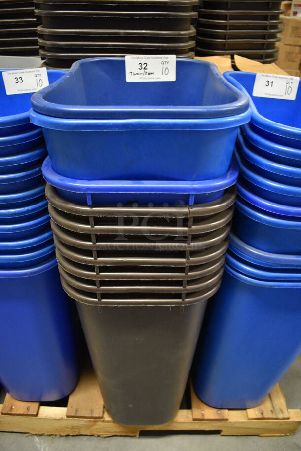10 BRAND NEW IN BOX! Poly Trash Cans; 7 Brown and 3 Blue. 15.5x11x20. 10 Times Your Bid!