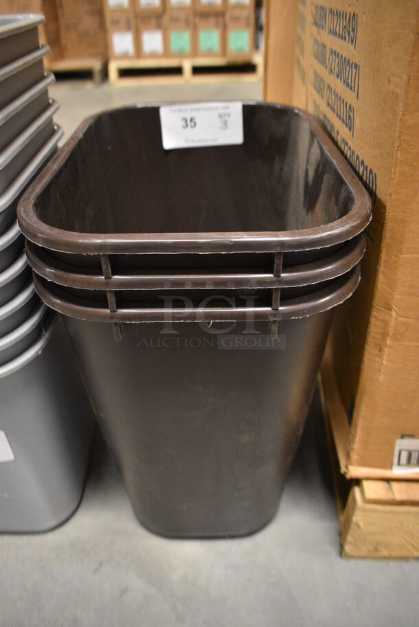 3 BRAND NEW IN BOX! Brown Poly Trash Cans. 14.5x10x15. 3 Times Your Bid!