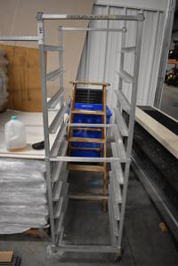 Metal Commercial Pan Transport Rack on Commercial Casters. 20.5x26x69