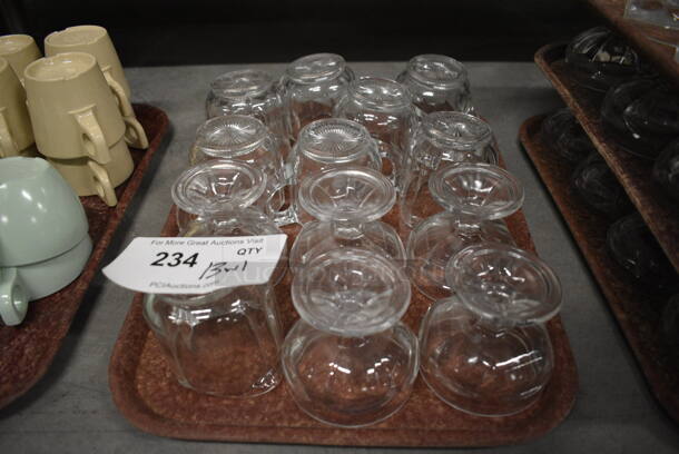 13 Various Glasses / Pourers on Brown Tray. Includes 3.5x3.5x3. 13 Times Your Bid!