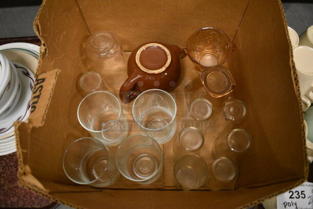 15 Various Glasses / Pitcher. Includes 3x3x5. 15 Times Your Bid!