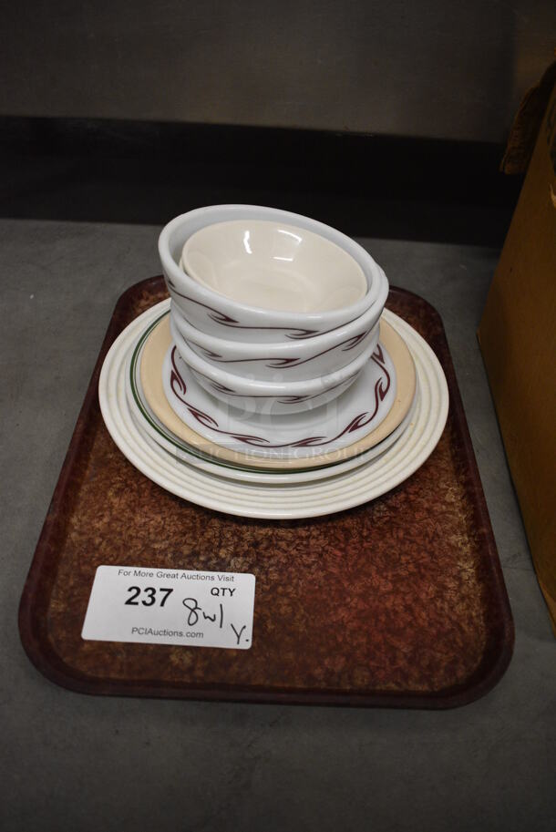 8 Various Plates / Bowls on Brown Tray. Includes 5.5x5.5x2.5. 8 Times Your Bid!