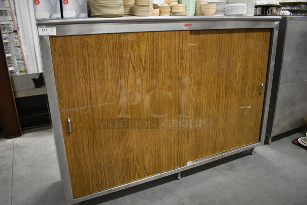 Metal Commercial Cabinet w/ 2 Sliding Wood Pattern Doors. 84x25x59.5