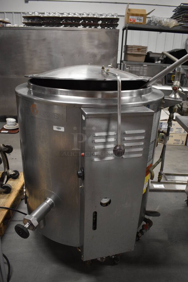 GORGEOUS! Groen Model AH/1E-40 Stainless Steel Commercial Natural Gas Powered Floor Style 40 Gallon Steam Kettle w/ Mixing Whisk Paddle. 100,000 BTU. 39x43x49. Whisk: 8x8x48