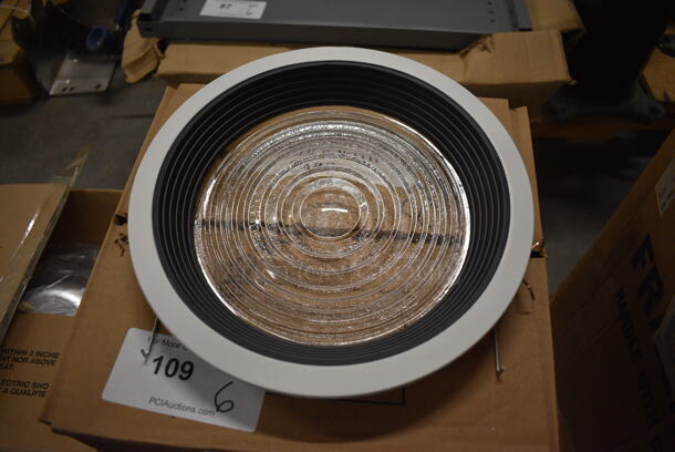 6 BRAND NEW IN BOX! Glass Fresnel Lens w/ Black Baffle and White Trim. 11x11x2. 6 Times Your Bid!