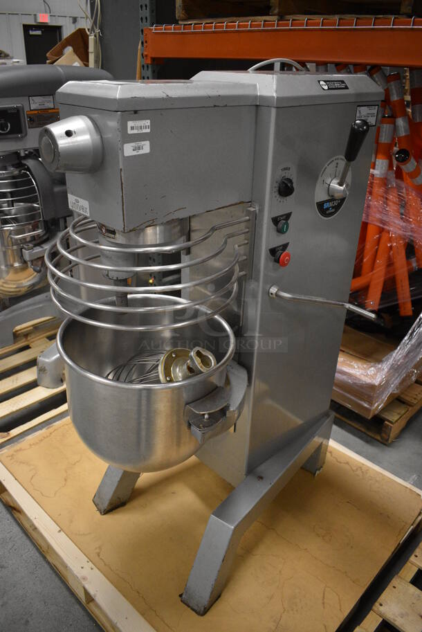BEAUTIFUL! Univex Model SRM30 Metal Commercial Floor Style 30 Quart Planetary Mixer w/ Stainless Steel Mixing Bowl, Bowl Guard and Whisk Attachment. 115 Volts, 1 Phase. 22x34x50