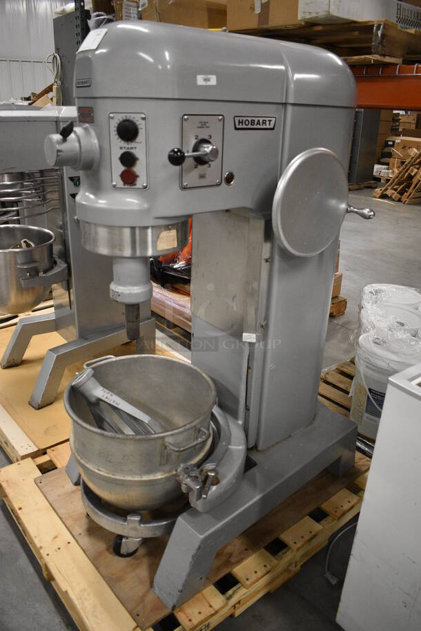 STUNNING! Hobart Model H-600T Metal Commercial Floor Style 60 Quart Planetary Mixer w/ Bowl Adapter. Stainless Steel Mixing Bowl, Mixing Bowl Dolly and Paddle Attachment. 200 Volts, 3 Phase. 28x39x56